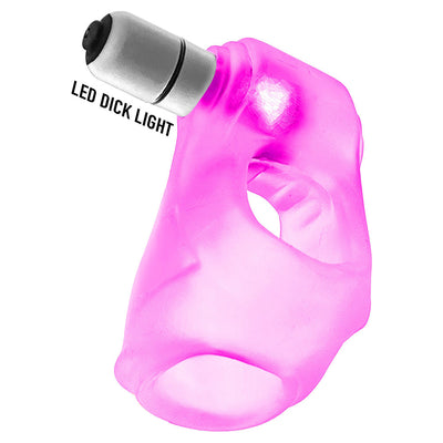 Pink translucent silicone cocksling with a removable LED light attachment for glow effect.