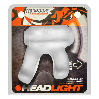 OxBalls Headlight Shaft-Holster LED clear ice silicone cockring with front shaft ring in retail packaging