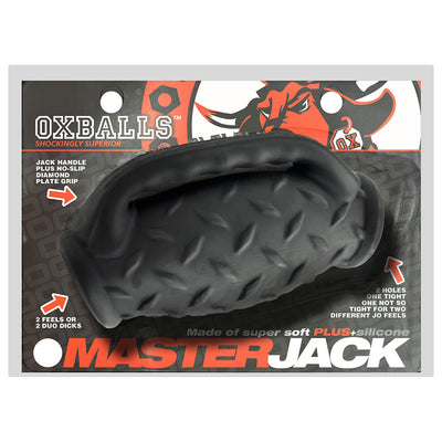 Black textured double-hole stroker with handle and diamond plate grip in OxBalls Masterjack packaging.