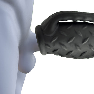 Black textured double penetration stroker with handle grip shown on a gray mannequin torso side view.