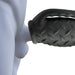 Black textured double penetration stroker with handle grip shown on a gray mannequin torso side view.