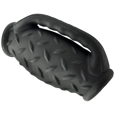 Black textured silicone stroker with diamond plate grip and sturdy handle for enhanced control and comfort.