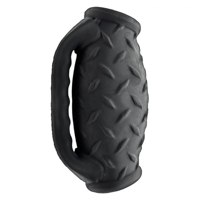 Black textured silicone stroker with dual openings and ergonomic handle grip for enhanced control and comfort.