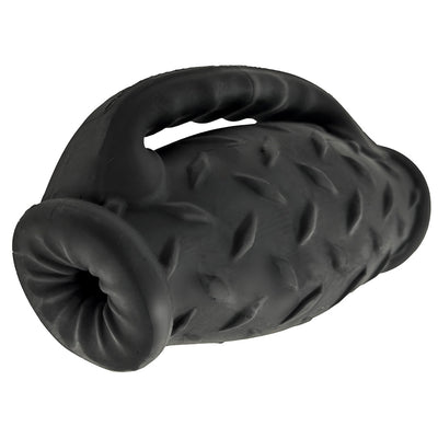 Black textured double-ended silicone stroker with handle and diamond plate grip surface.