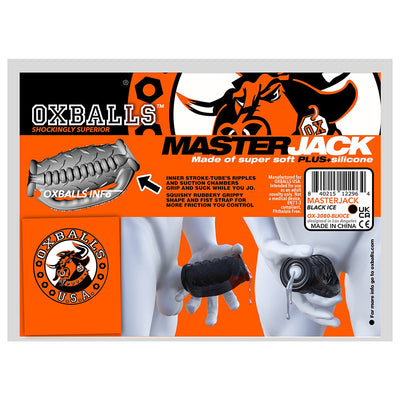 Packaging of OxBalls Masterjack stroker showing textured black silicone sleeve with grip handle and product features on orange and black background.