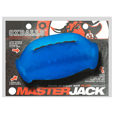 Blue OxBalls Masterjack double penetration stroker with handle and textured grip in retail packaging.