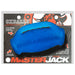 Blue OxBalls Masterjack double penetration stroker with handle and textured grip in retail packaging.