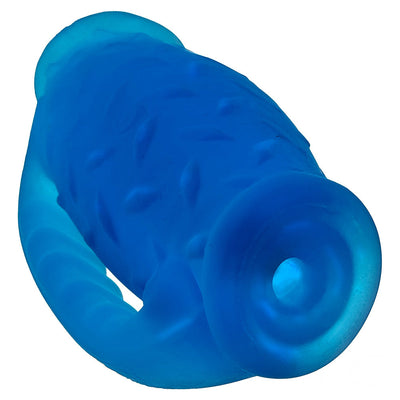 Blue textured double-hole silicone stroker with handle and grip surface for enhanced control.