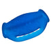 Blue textured silicone stroker with dual openings and ergonomic handle grip for enhanced control.