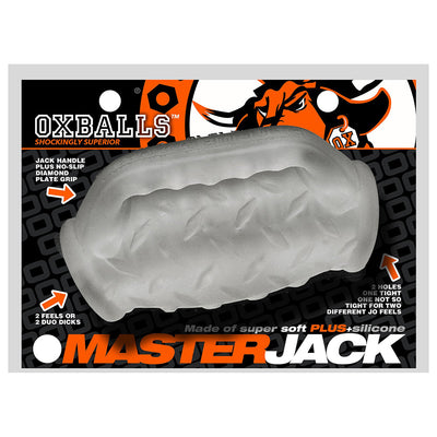OxBalls Masterjack double-ended silicone stroker with textured diamond plate grip on packaging background.