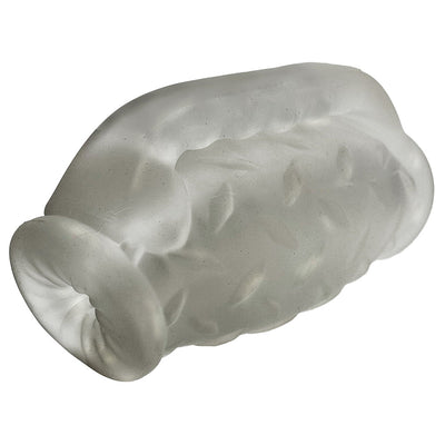 Translucent gray textured double-ended silicone stroker with ribbed interior and flared grip edges.