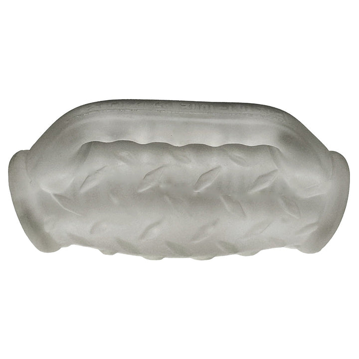 Clear textured silicone stroker with diamond plate grip surface and dual openings for varied sensations.