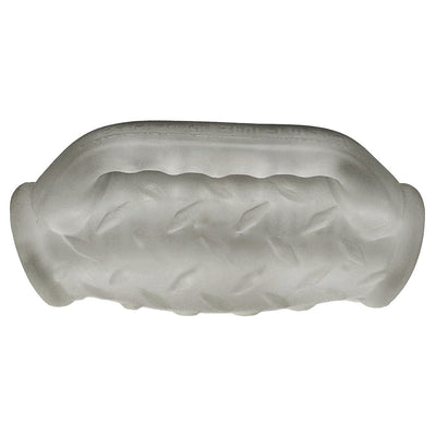 Clear textured silicone stroker with diamond plate grip surface and dual openings for varied sensations.