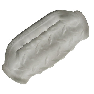 Clear textured silicone stroker with diamond plate grip pattern and dual openings for versatile use.