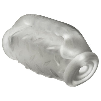 Translucent textured silicone stroker with dual openings and diamond plate grip surface.