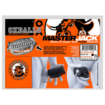Packaging of OxBalls Masterjack double penetration stroker in black ice with product features and usage illustration on an orange and white background.