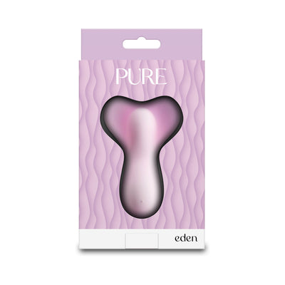 Pure Eden Purple pebble vibrator in translucent purple packaging with wave pattern and clear window display.