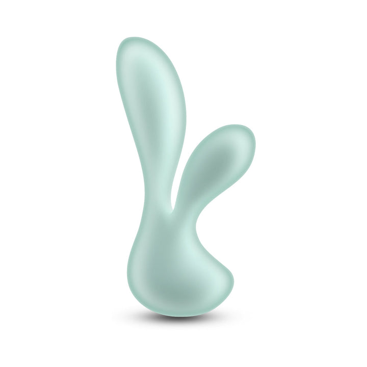 Pure Luna Teal dual-stimulation vibrator with smooth, curved design in soft teal color on white background.