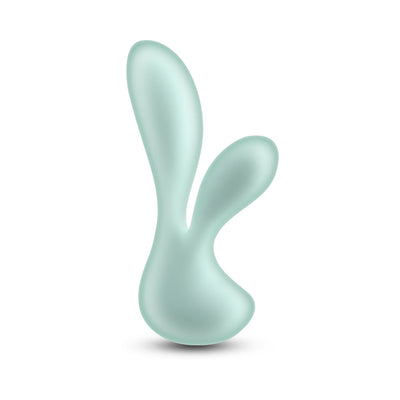 Pure Luna Teal dual-stimulation vibrator with smooth, curved design in soft teal color on white background.
