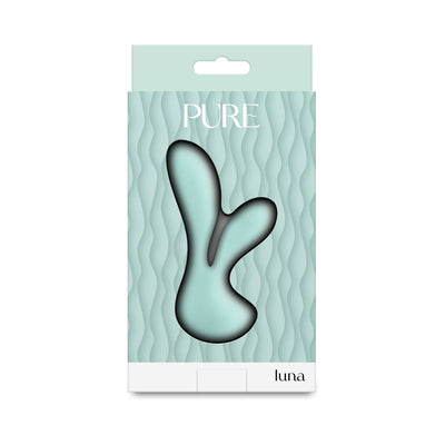 Packaging of Pure Luna teal rabbit vibrator with a textured wave design background and clear product window.