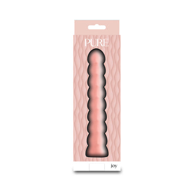 Pure Joy Peach vibrator in peach color with a textured, beaded design, displayed in pink packaging with wave pattern.