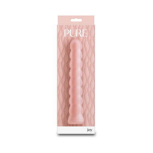 Pure Joy Peach vibrator in soft pink with a textured, rounded design, displayed in elegant packaging.