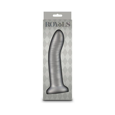 Royals Charlie 7-inch metallic champagne silicone dildo with suction base in gray patterned packaging.