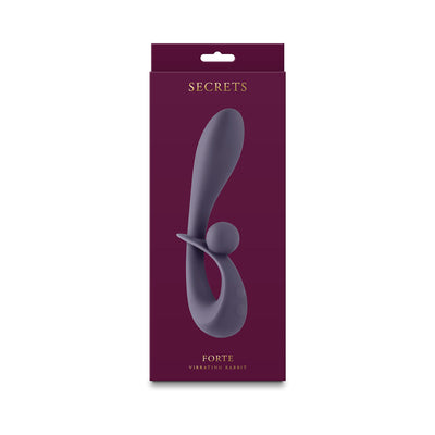 Gray rabbit vibrator with ergonomic handle displayed on dark purple Secrets Forte packaging box.