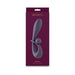 Gray rabbit vibrator with ergonomic handle displayed on dark purple Secrets Forte packaging box.