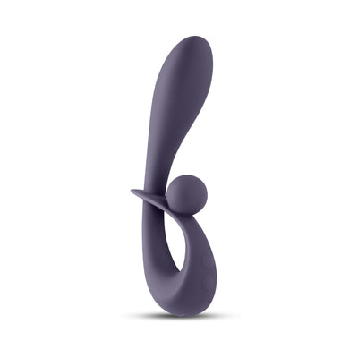 Gray ergonomic rabbit vibrator with dual motors and curved design for versatile stimulation.
