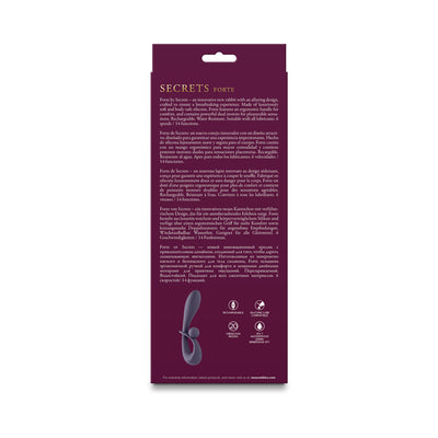 Packaging back of Secrets Forte Gray rabbit vibrator with product description and features in multiple languages on a purple background.