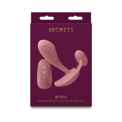 Dusty rose rechargeable vibrator with ergonomic design and remote control on purple packaging box.