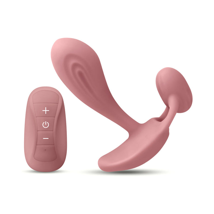 Dusty rose silicone vibrator with ergonomic design and matching remote control for customizable stimulation.