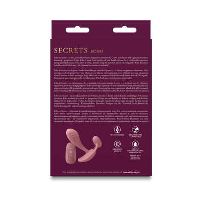 Packaging back of Secrets Echo Dusty Rose vibrator showing product details, features, and multilingual description.