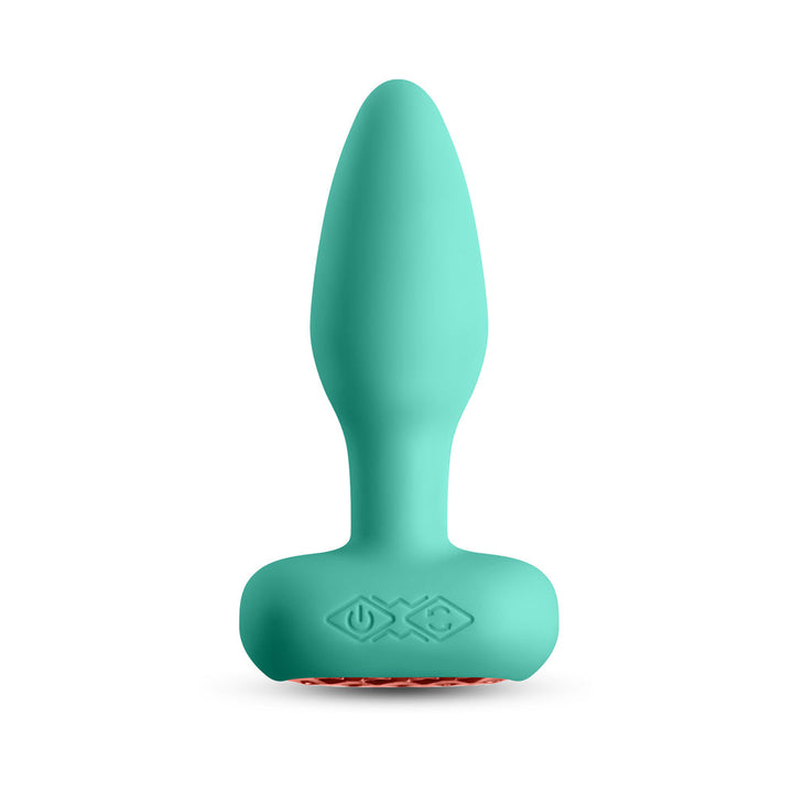 Teal silicone anal plug with tapered tip and ergonomic base featuring control buttons, standing upright on white background.