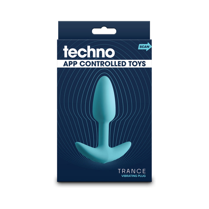 Techno Trance Blue app-controlled vibrating plug in sleek blue silicone with ergonomic design shown in packaging.