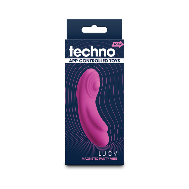 Packaging of Techno Lucy Magenta app-controlled magnetic panty vibe in bright magenta color on dark blue background.