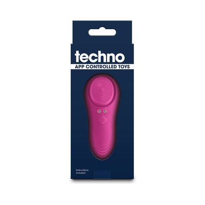 Techno Lucy Magenta app-controlled silicone toy in dark blue retail packaging with visible power button and textured surface.