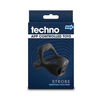 Packaging of Techno Strobe Black app-controlled vibrating silicone ring with sleek modern design on navy background.