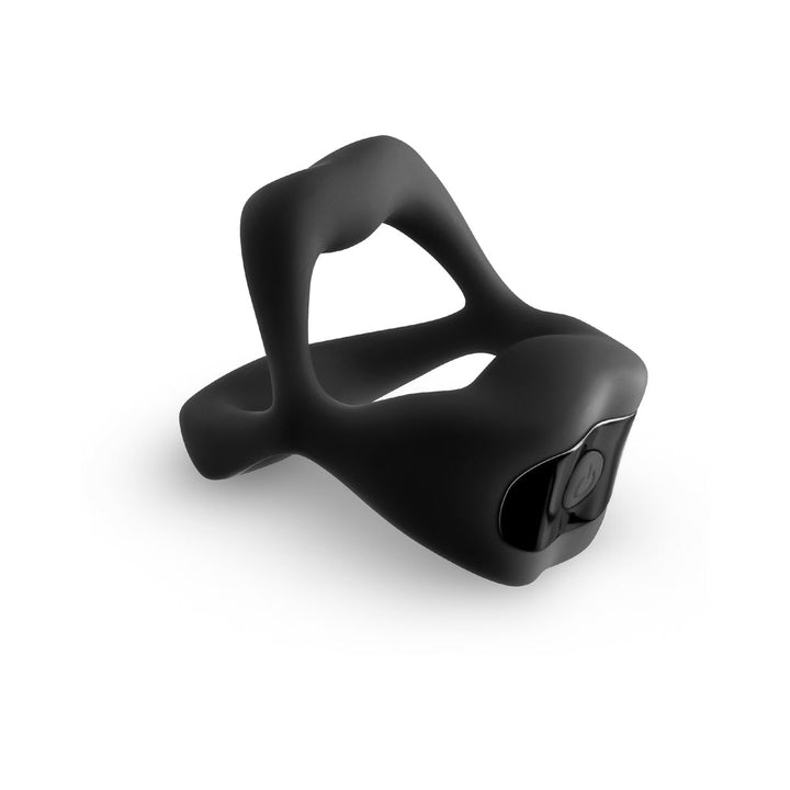 Black silicone vibrating cock ring with ergonomic design and a power button on the front panel.