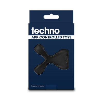 Techno Strobe Black app-controlled vibrating ring in sleek black packaging with clear product window.