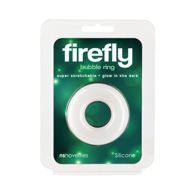 Firefly Bubble Ring Medium White in clear packaging with green background, highlighting super stretchable glow-in-the-dark silicone design.