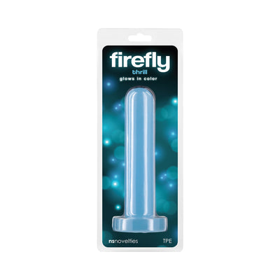 Blue Firefly Thrill small glow-in-the-dark silicone dildo in clear retail packaging with suction base.