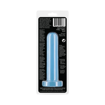 Blue Firefly Thrill small size glow-in-the-dark dildo in clear retail packaging with product information on black background.