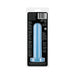 Blue Firefly Thrill small size glow-in-the-dark dildo in clear retail packaging with product information on black background.