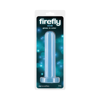 Blue Firefly Thrill small glow-in-the-dark dildo in clear retail packaging with black and blue background.