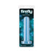 Blue Firefly Thrill small glow-in-the-dark dildo in clear retail packaging with colorful background