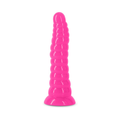 Bright pink ribbed glow-in-the-dark silicone dildo with suction base standing upright on white background.