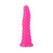 Bright pink ribbed glow-in-the-dark silicone dildo with suction base standing upright on white background.