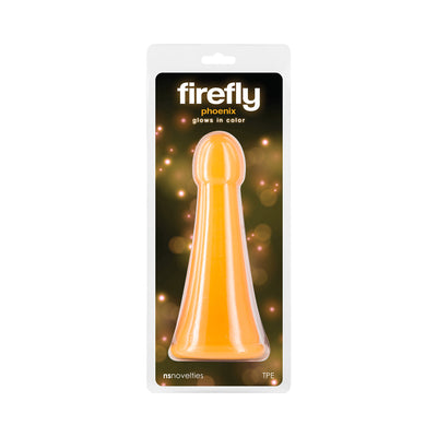 Firefly Phoenix Orange glow-in-the-dark TPE dildo in clear retail packaging with glowing background design